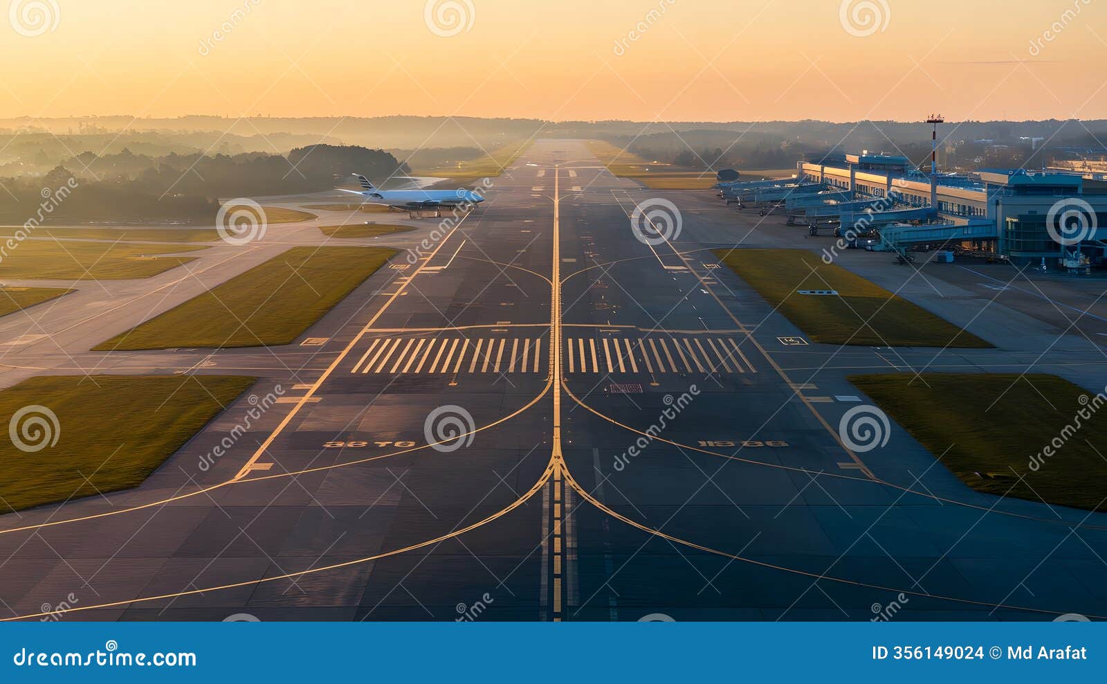 sunset airport runway with city skyline in the background