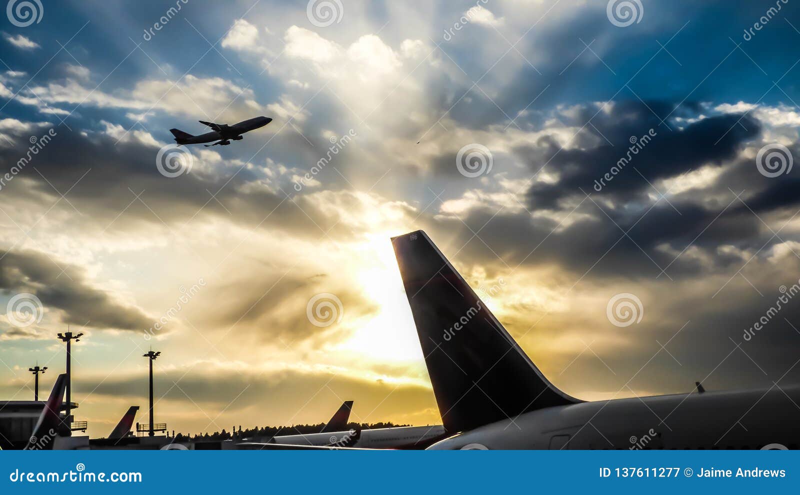 sunset in the airport with a tail and an airplane takeoff