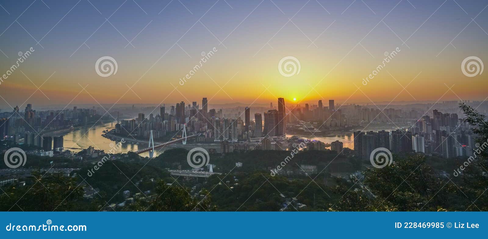 amazing sunset over skyscrapers of chongqing city