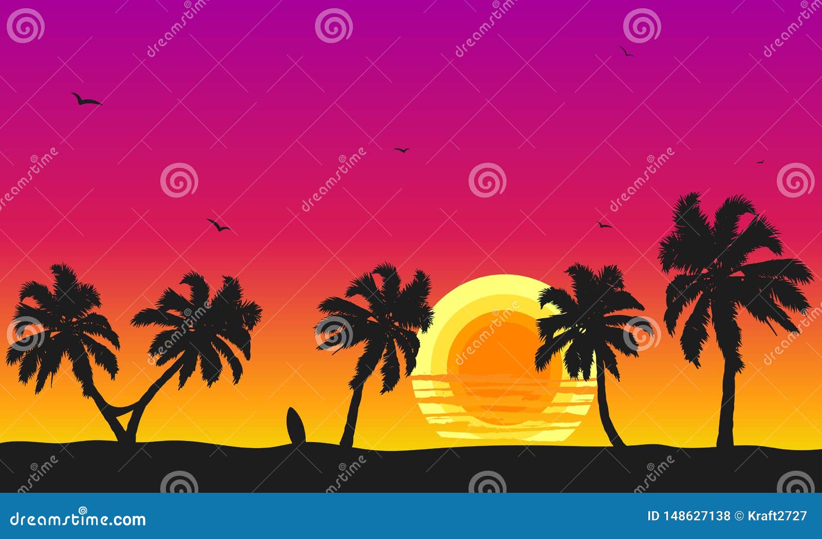 Sunset Background with Palm Trees Surfboard Stock Vector - Illustration ...