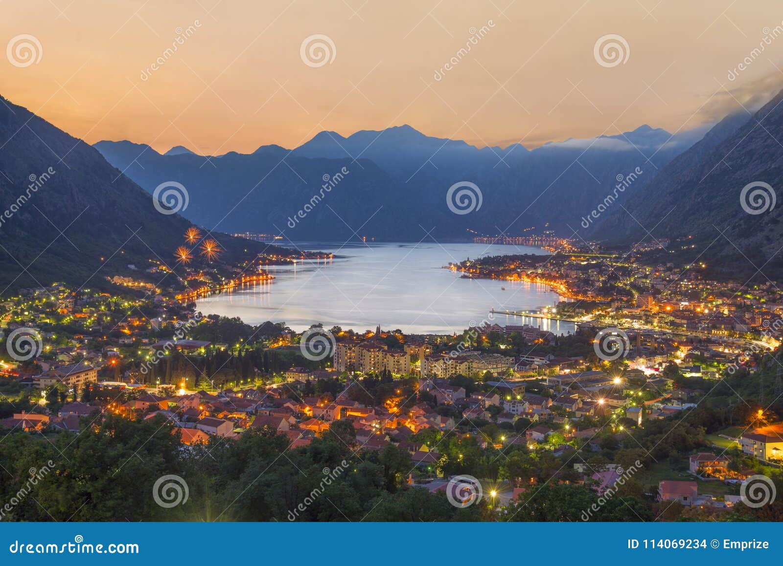 sunset bay of kotor boka kotorska at adriatic sea, southwester