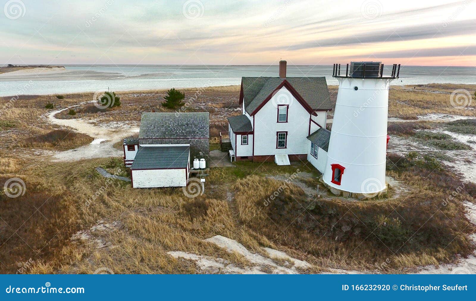 Stage Harbor Lighthouse Aerial at Chatham, Cape Cod Stock Photo Image