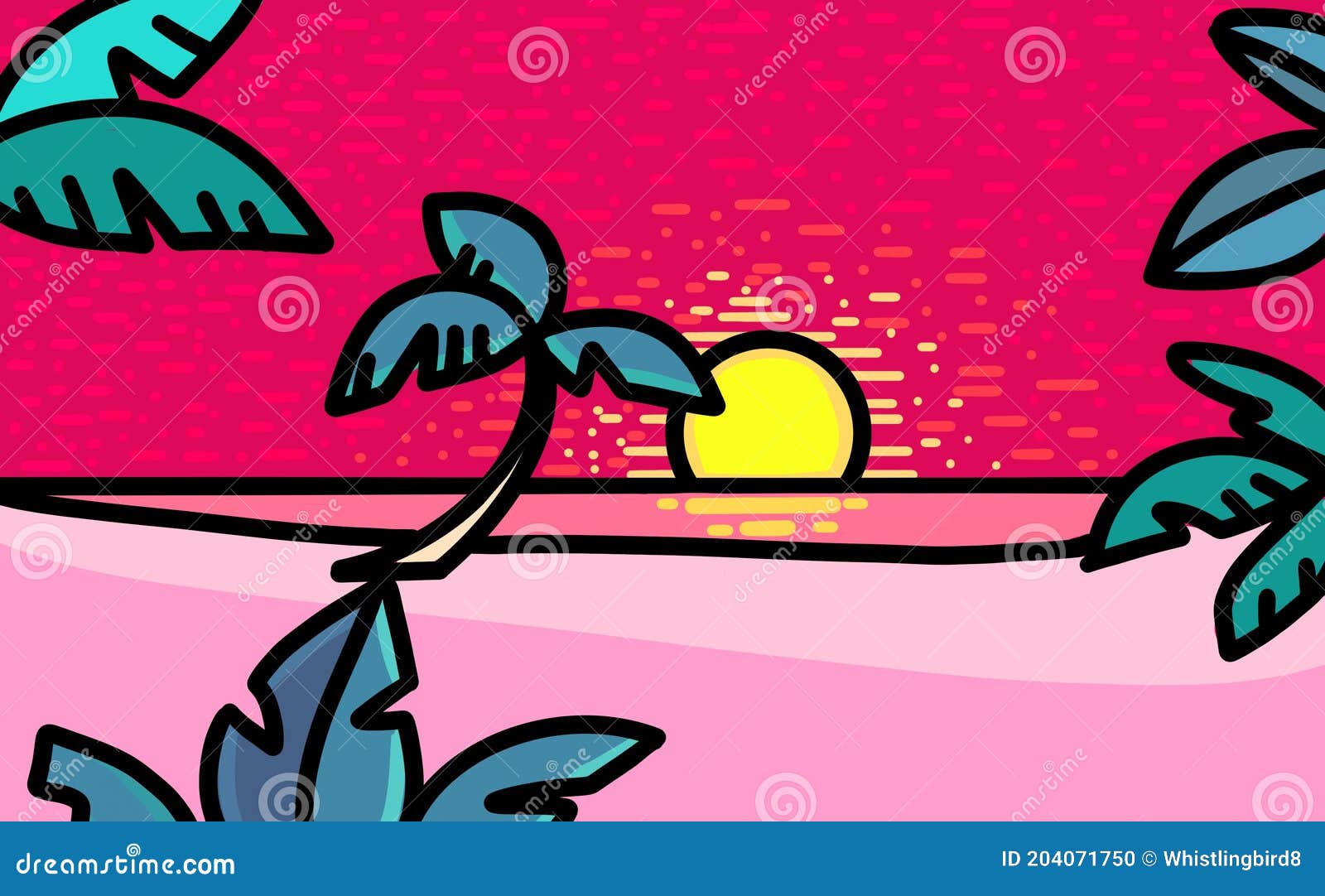 Sunset Beach Illustration Pink Sky , Beach Stock Illustration -  Illustration of sunset, drawing: 204071750