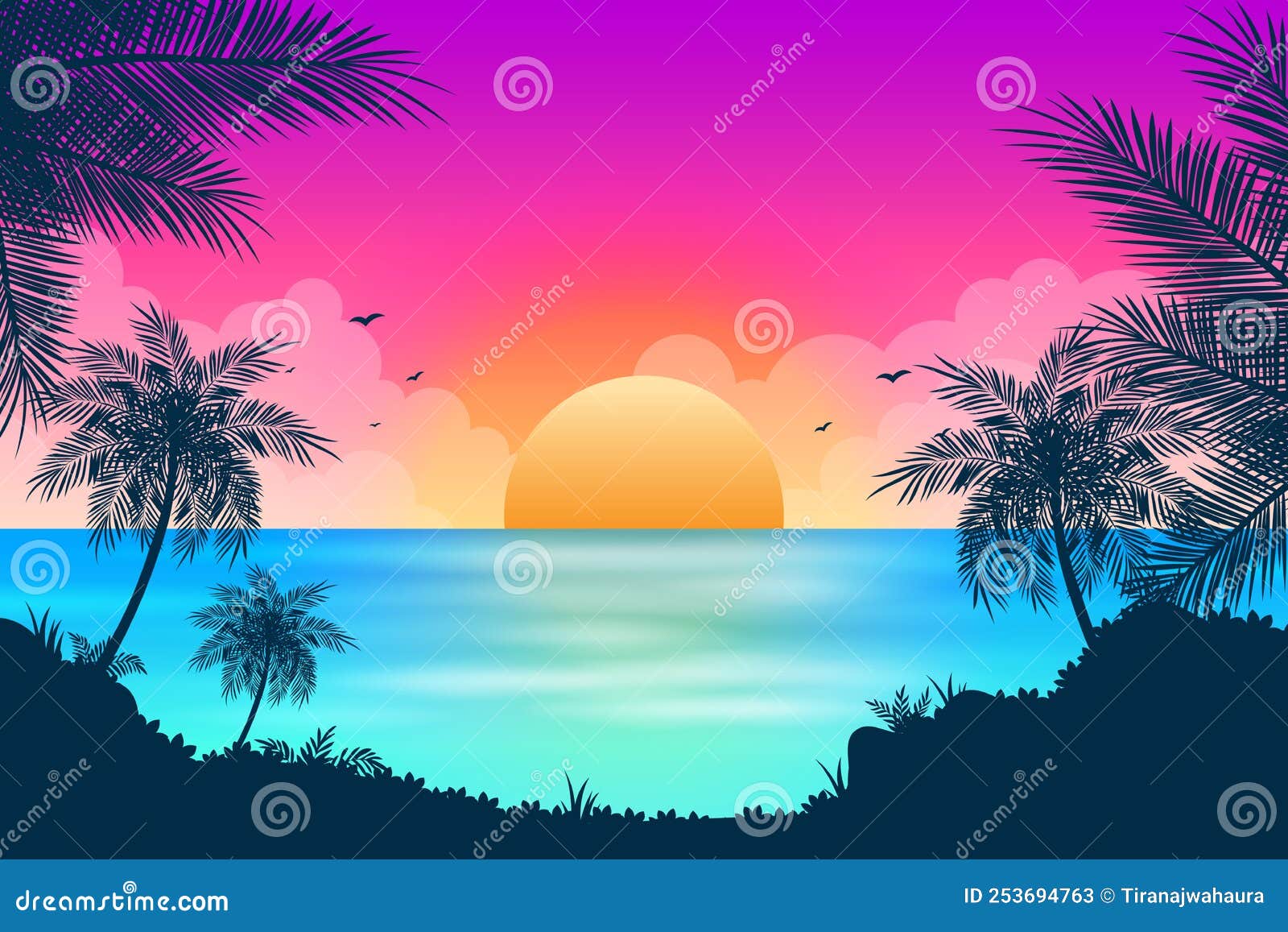 Sunset Beach Landscape with Colorful Gradient Design Stock Vector ...