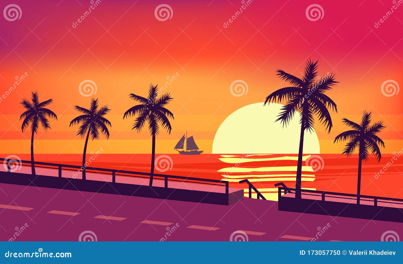 Sunset Beach Palm Trees Silhouettes, Summertime, Tropical Sea, Ocean ...