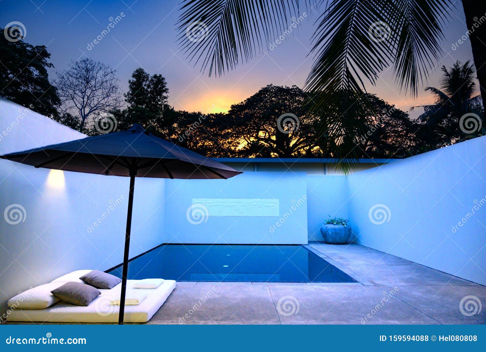 Blue Hour at Sunset Behind Private Patio with Pool of Resort in Siem Stock Photo - Image of sunset, road: 159594088