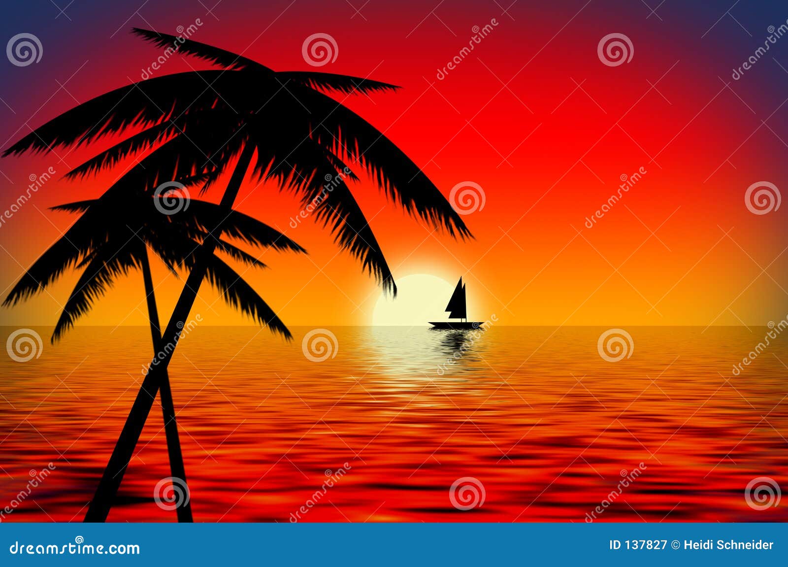 An illustration of a boat in a sunset with palm trees.