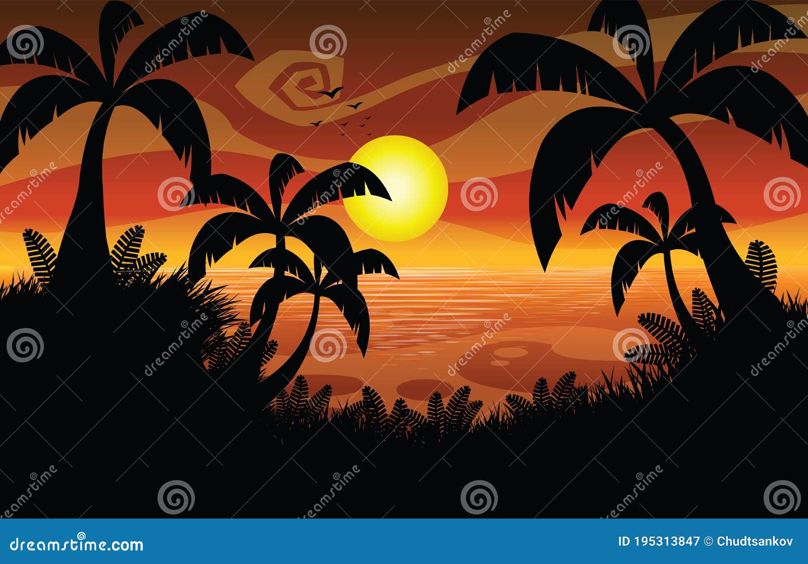 Sunset Cartoon Flat Design stock vector. Illustration of island 195313847