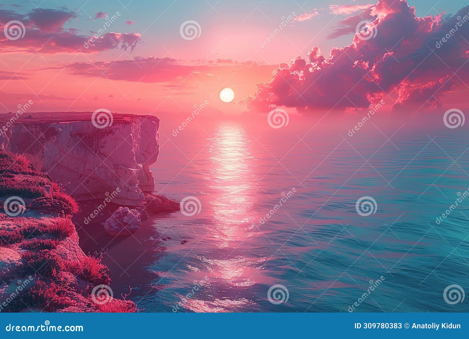 a sunset on a clifftop near the ocean, in the style of light turquoise and pink, retro filters, ethereal cloudscapes