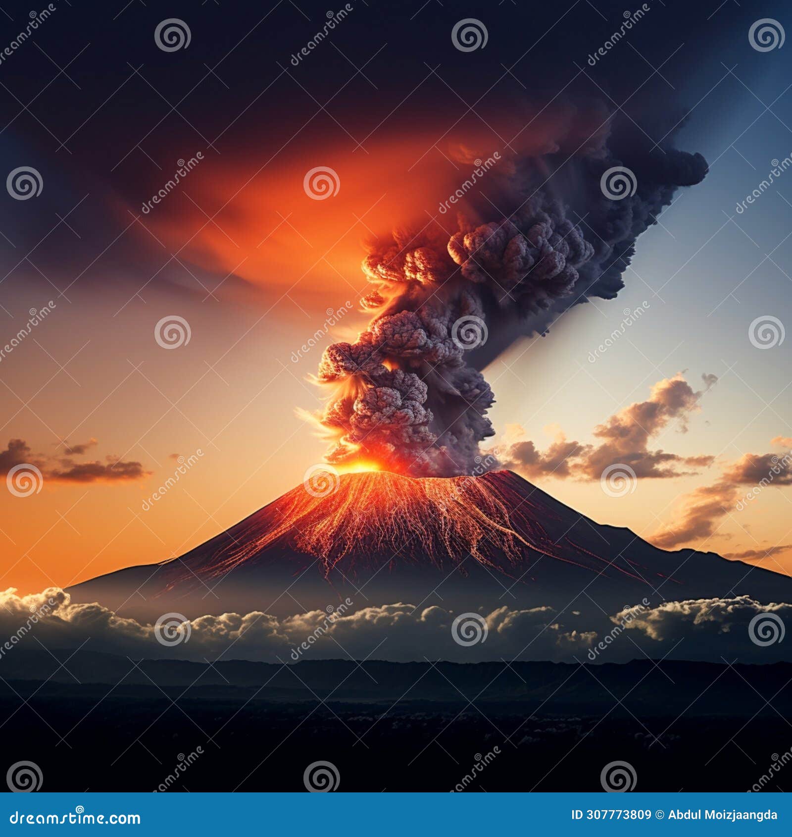 sunset eruption volcano spews fiery lava against the evening sky