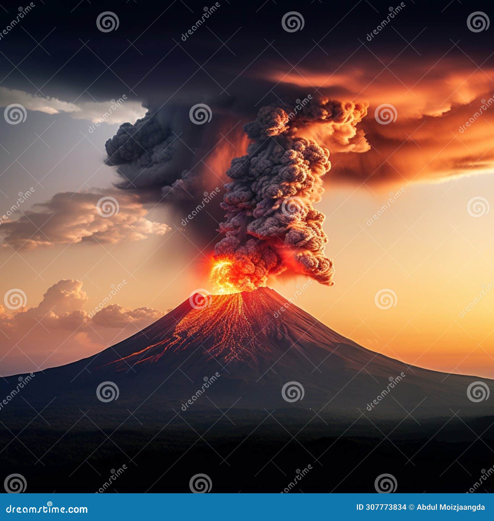 sunset eruption volcano spews fiery lava against the evening sky