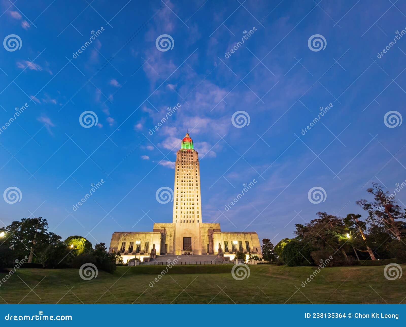 Sunset Exterior View of the Louisiana State Capitol Stock Photo Image