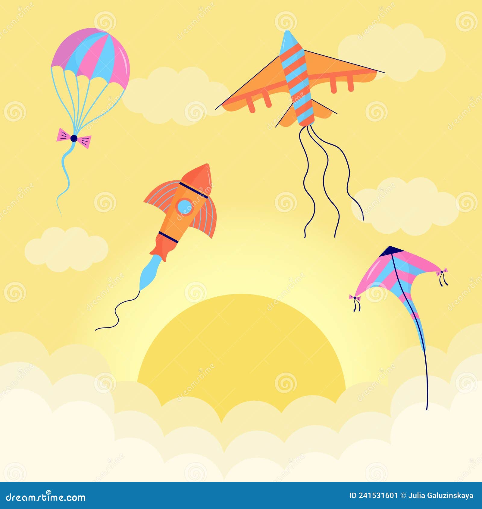 Sunset and Flying Kites among Clouds. Colorful Festive Kites of