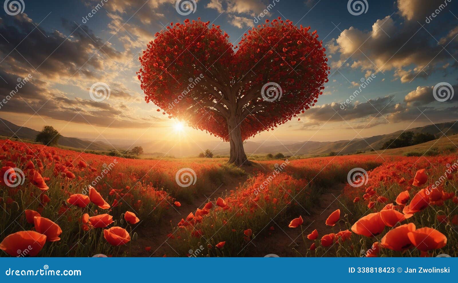 a sunset with a heart-d tree made of red flowers in a poppy field under a cloudy sky