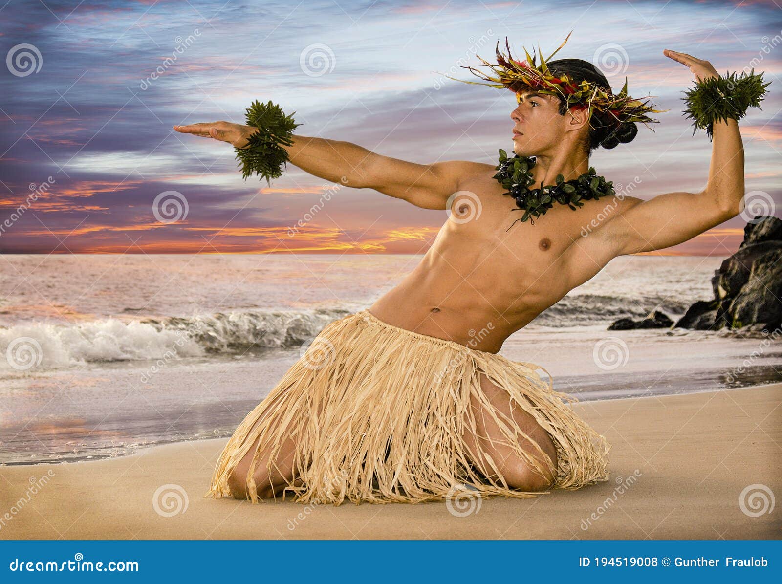 A Sunset Hula on the Beach with a Male Hula Dancer in Traditional ...