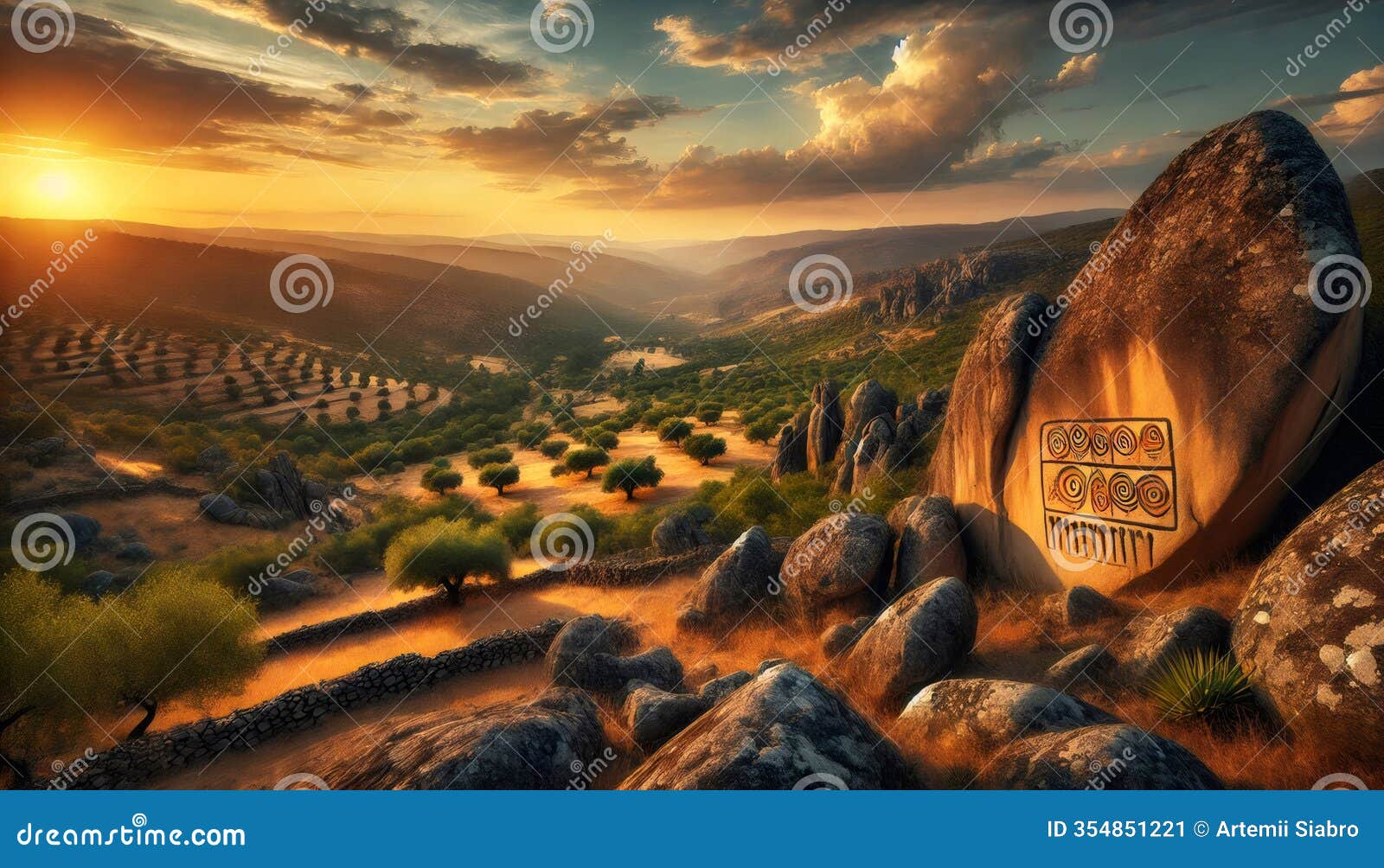 sunset illuminating ancient petroglyphs and olive trees in the coa valley archaeological park