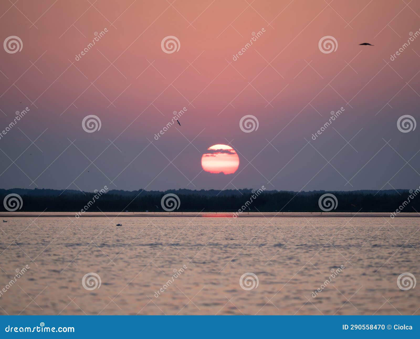 sunset on isaccel lake, danube delta, romania
