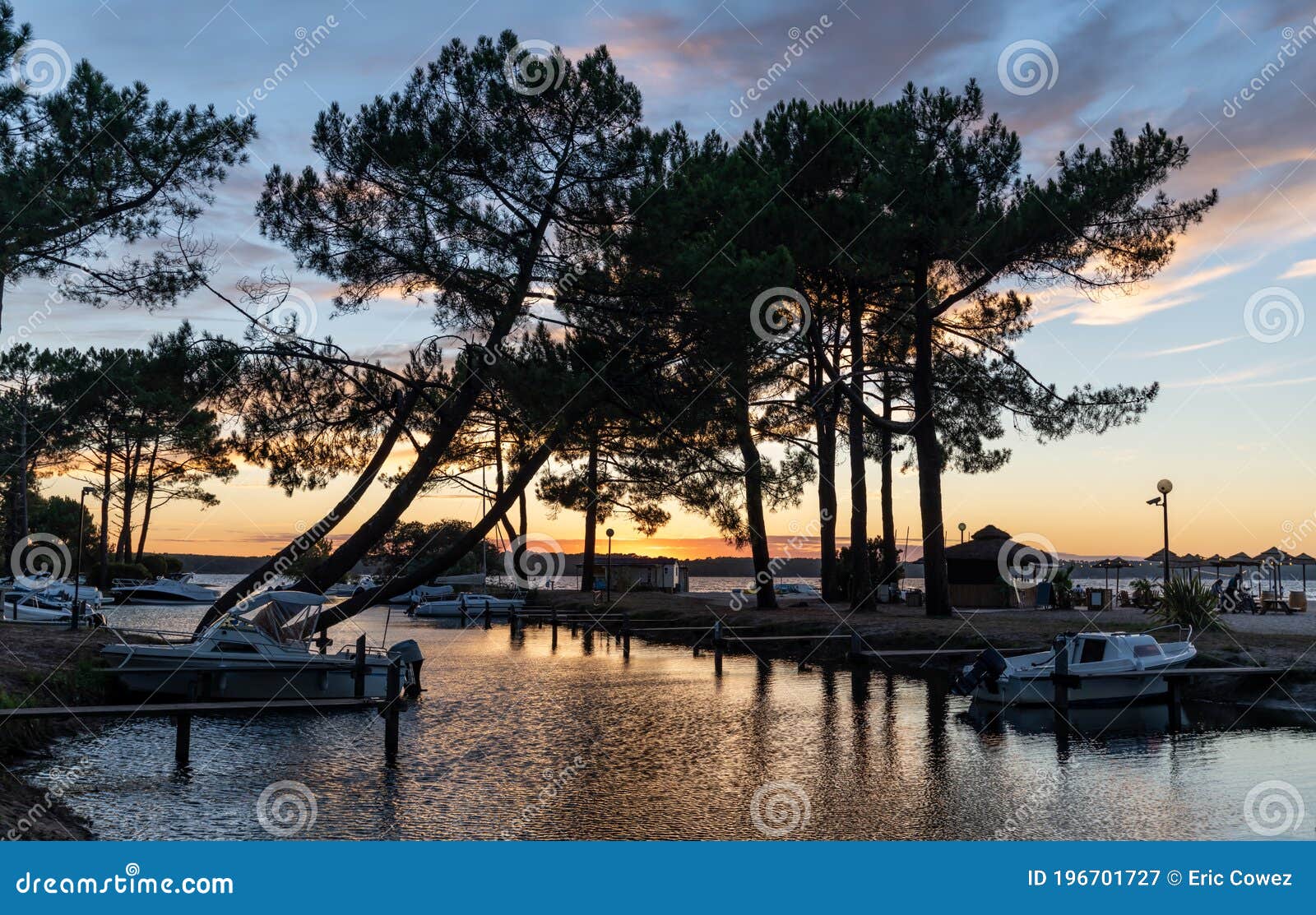 sunset on the lake of biscarrosse in france