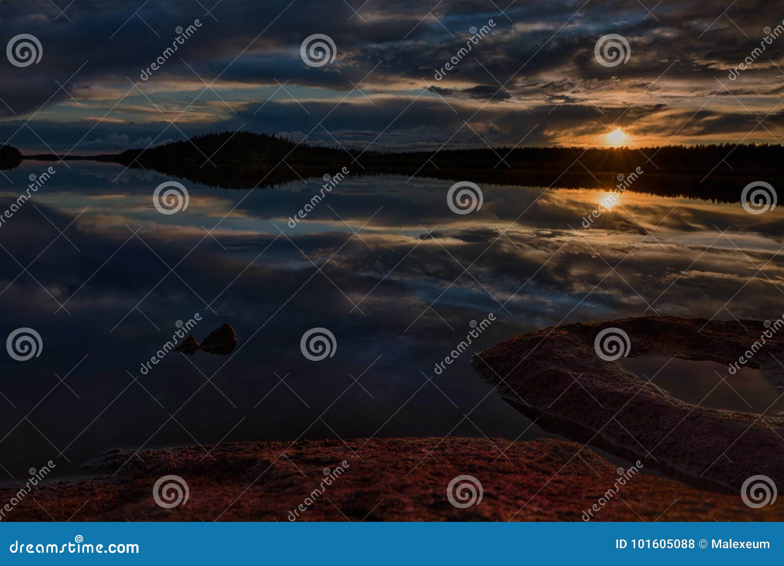 beautiful sunset on lake keret in karelia, russia