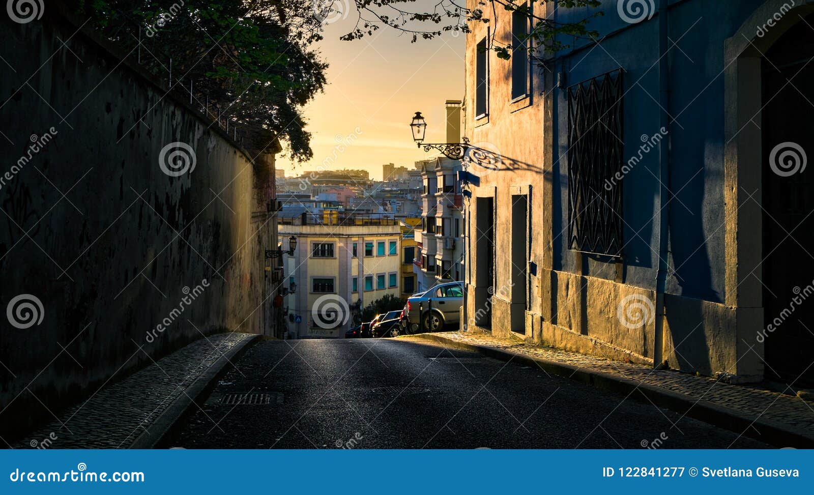 sunset in lisbon. city streets.funicular lavra. portugal.