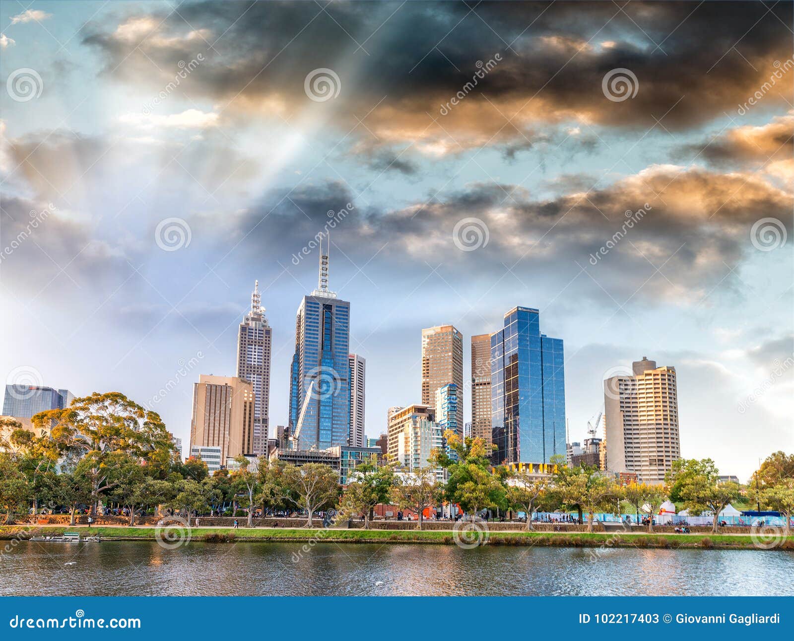 Sunset in Melbourne, Australia. City Skyline Editorial Stock Photo