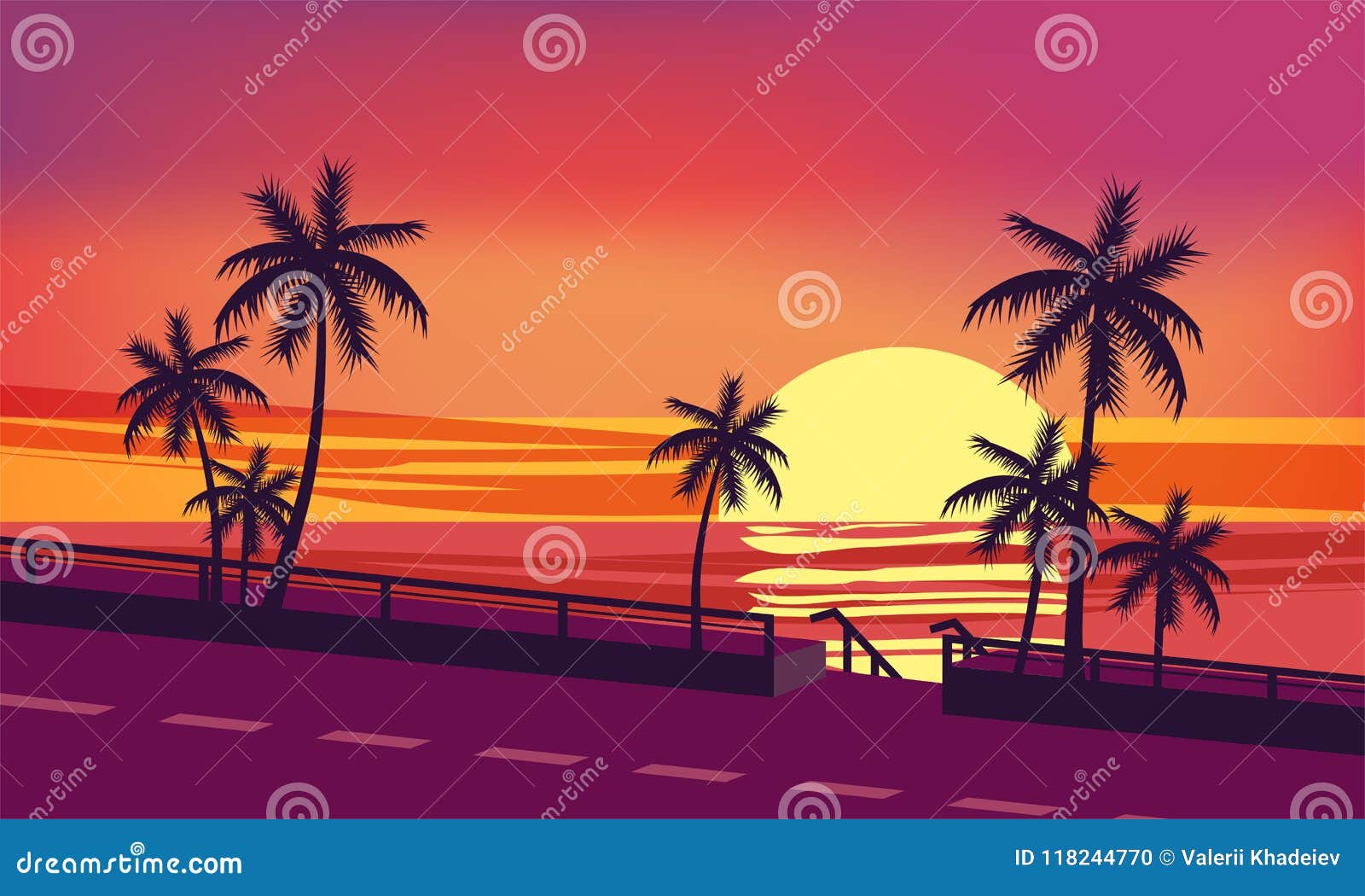 Sunset, Ocean, Evening, Palm Trees Sea Shore, Vector, Illustration ...
