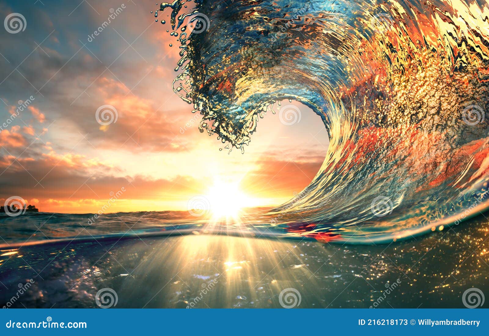sunset ocean surfing wave lip against sunlight
