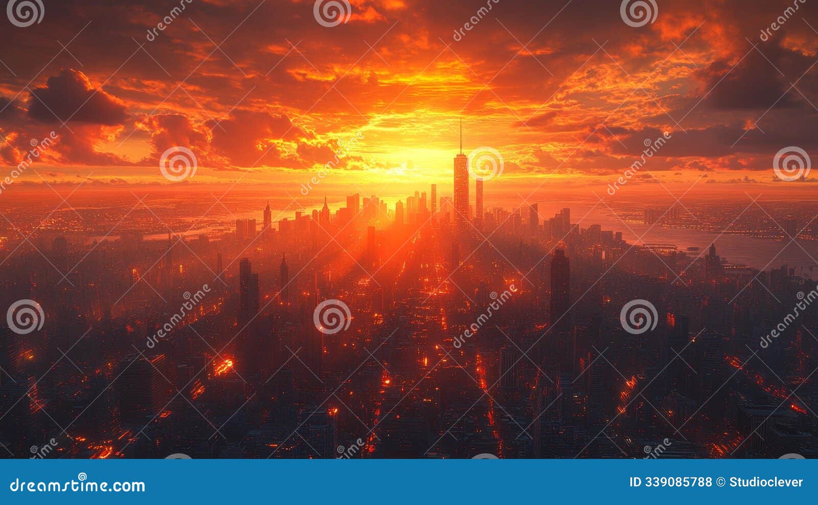 sunset over city skyline with dramatic red-orange sky generative ai
