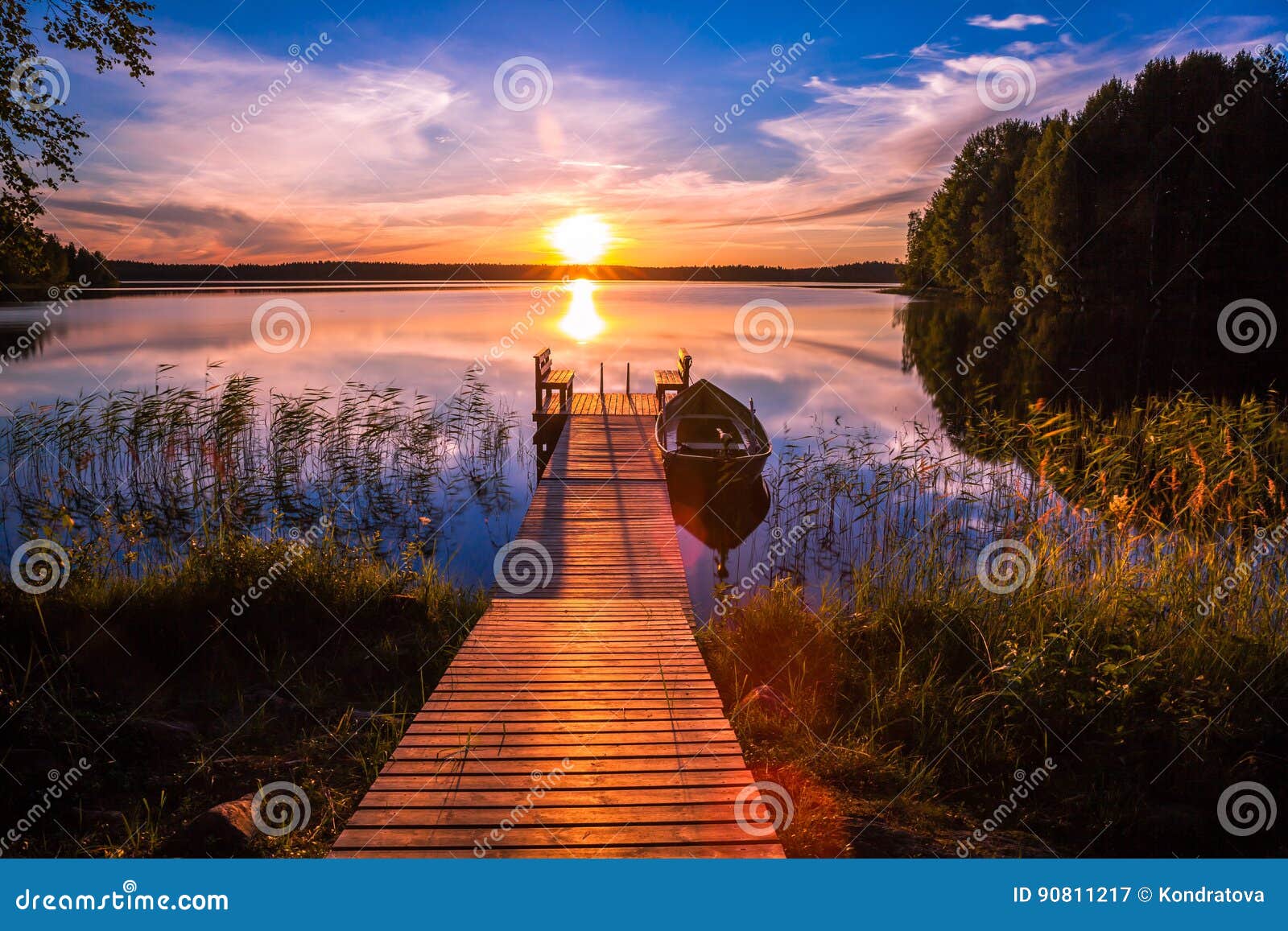 sunset over the fishing pier at the lake in finland