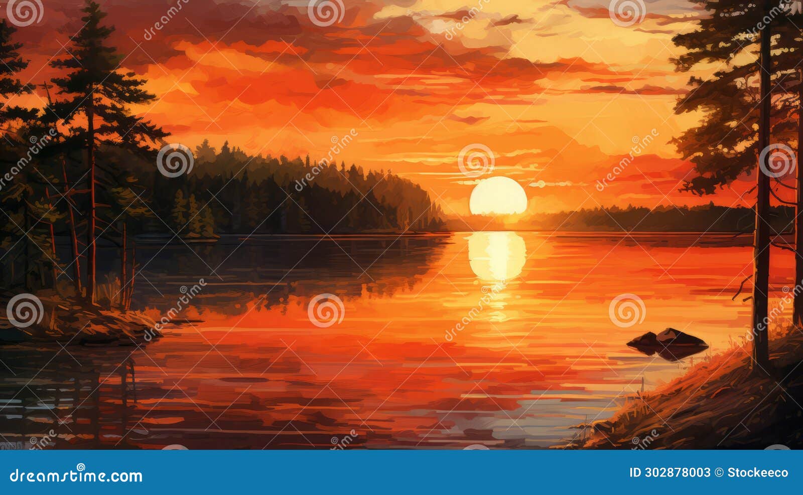 vivid sunset over water: digital painting with e. munch style