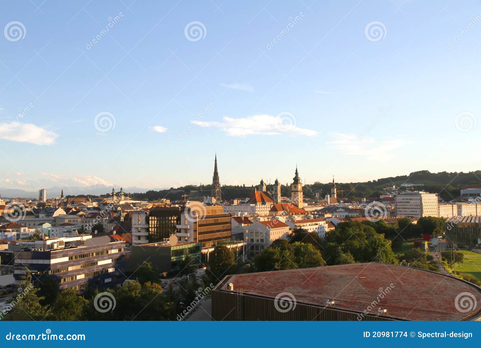 Sunset over Linz stock photo. Image of linz, tower, church 20981774