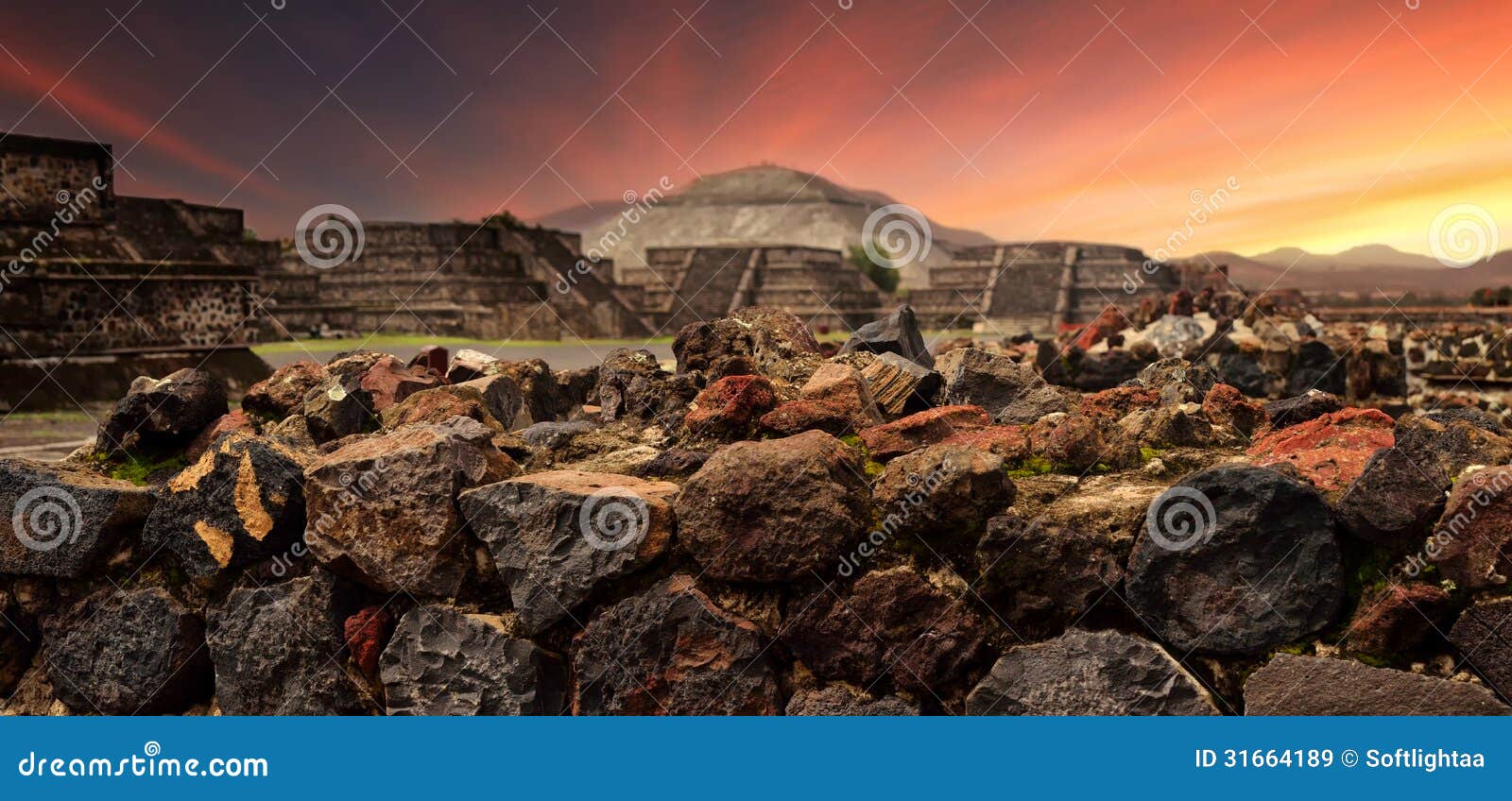 sunset over the mystical ruins of the ancient mayan city of teotihuacan