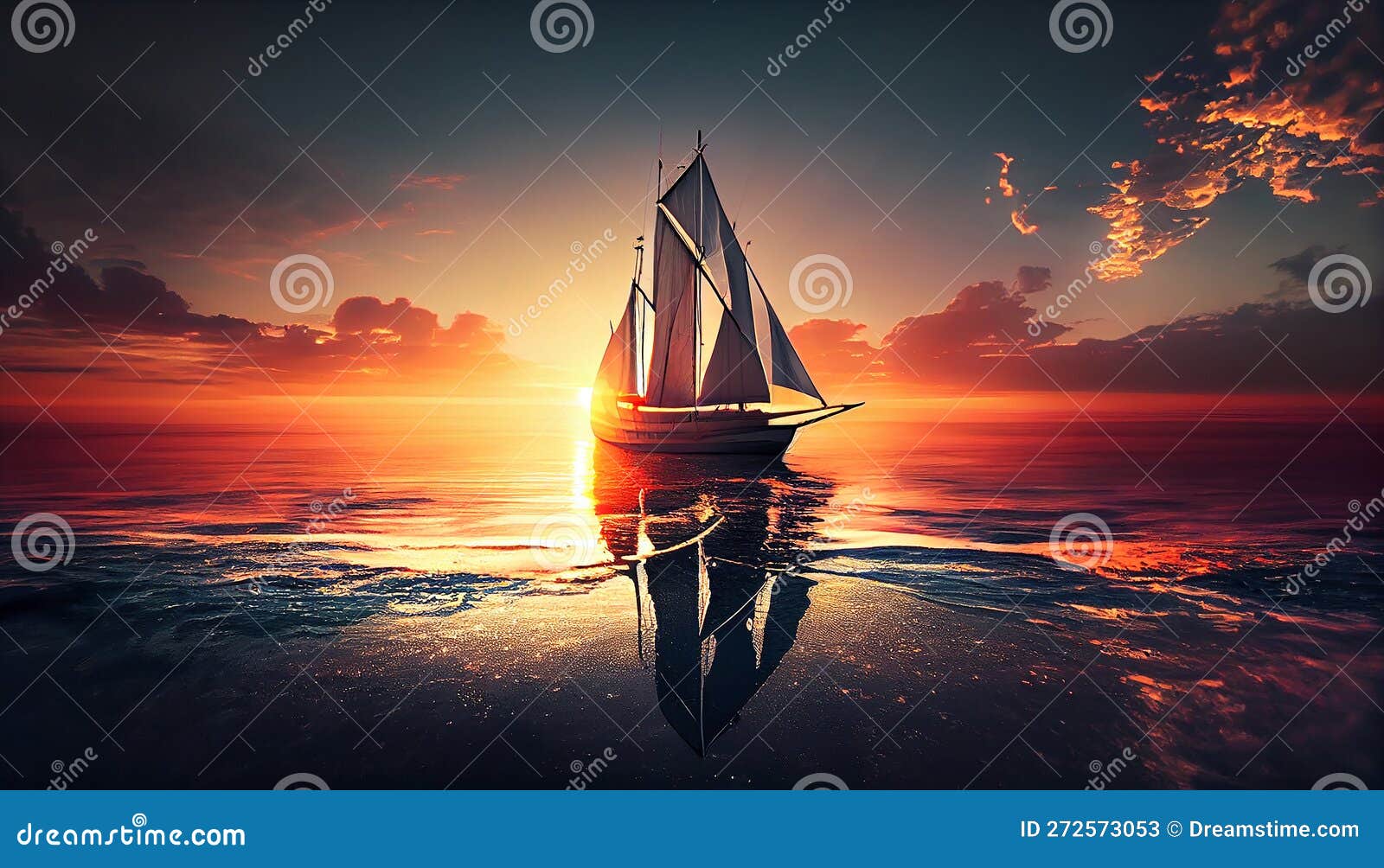 Sunset Over Nautical Vessel Sailing on Tranquil Water ,generative AI