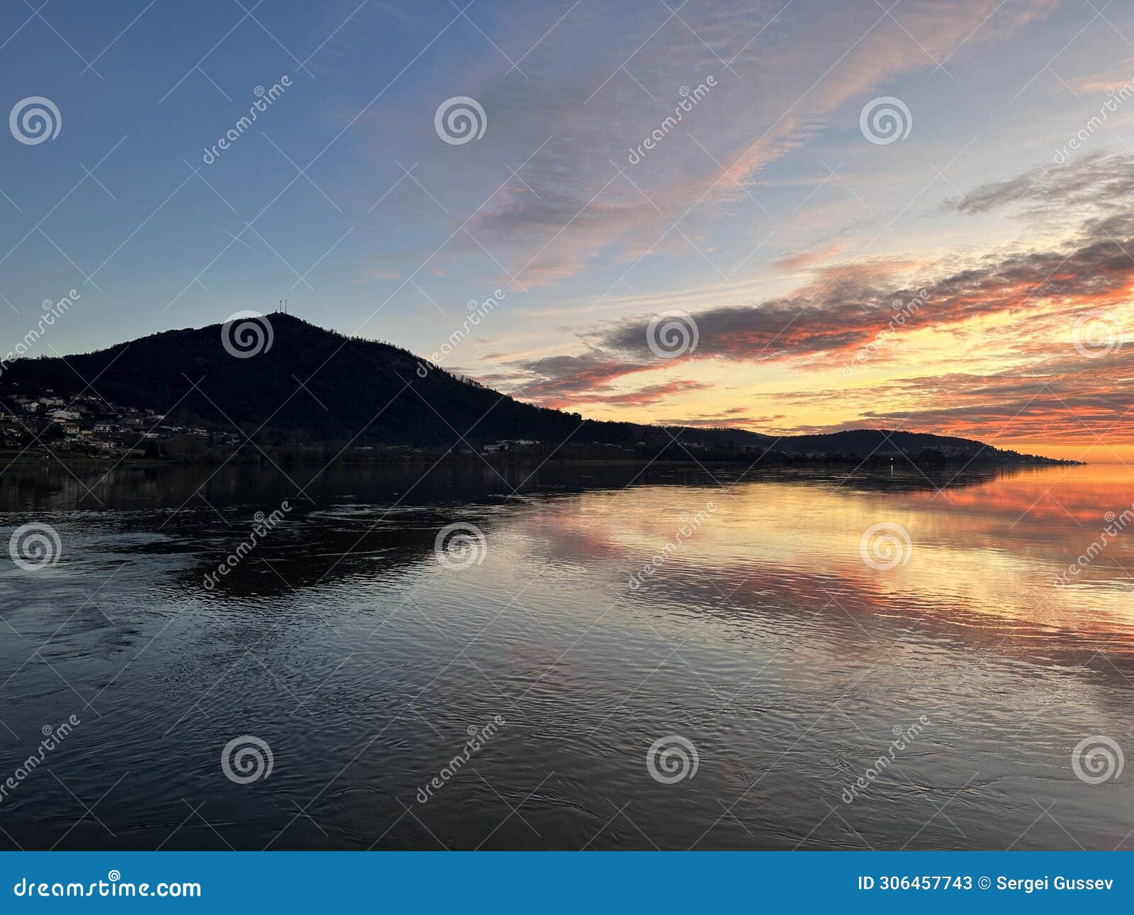 sunset over the river minho and the mountain near eiras, o rosal, galicia, spain, january 2023