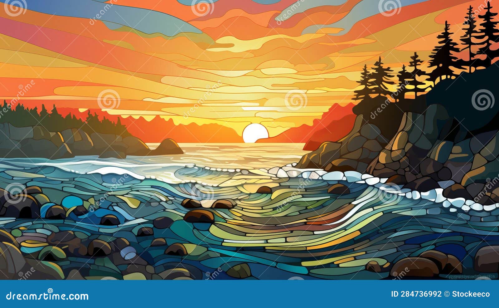 vibrant sunset waves: a colored cartoon style painting with vancouver school influence