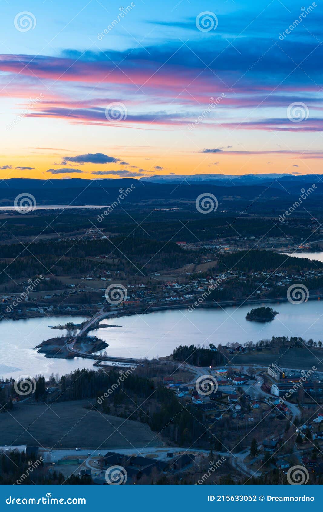 sunset over steinsfjorden, a branch of lake tyrifjorden located in buskerud, norway. view from kongens utsikt royal view at