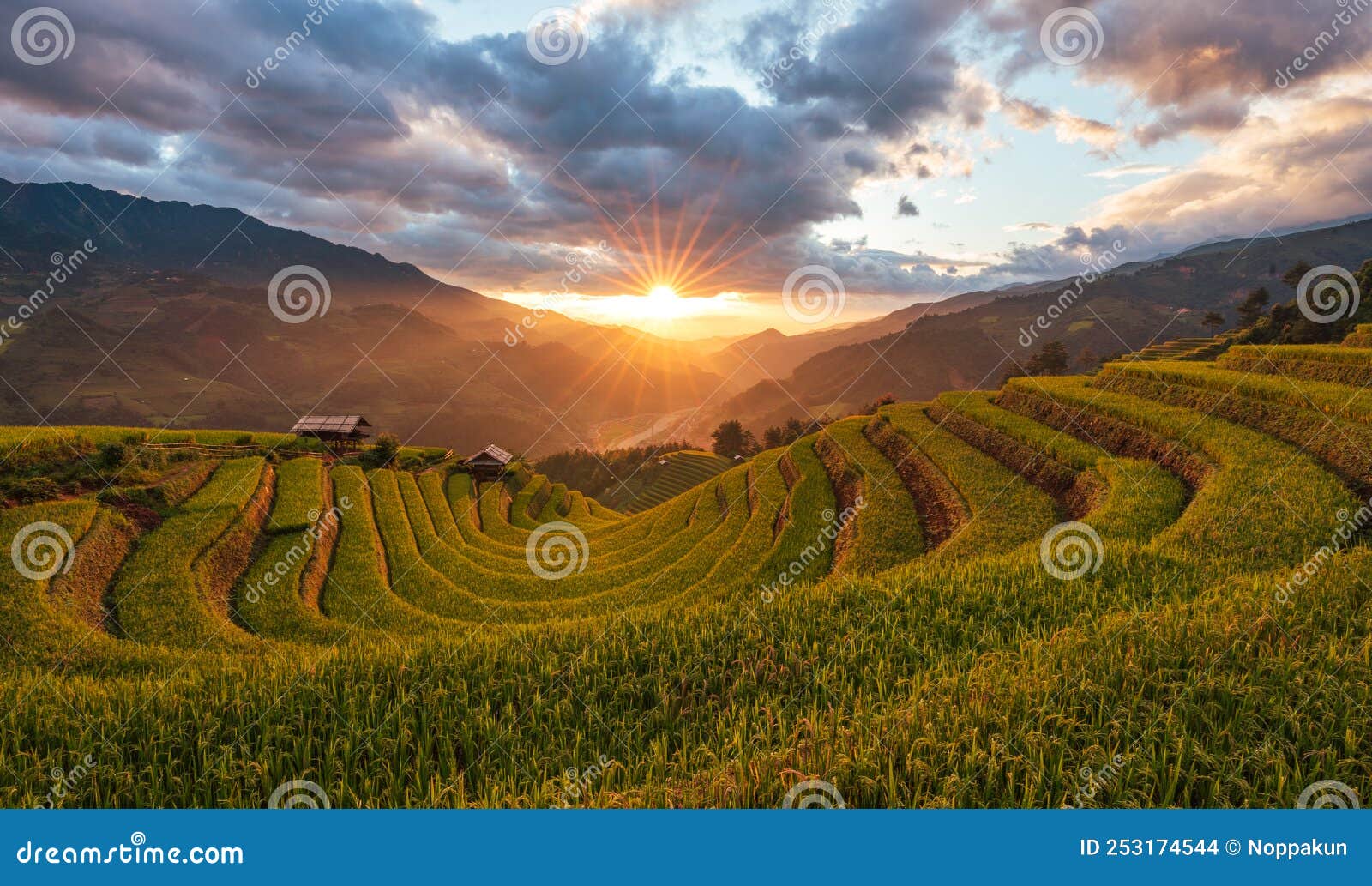 sunset over terraced rice fields, mu cang chai, yen bai, vietnam