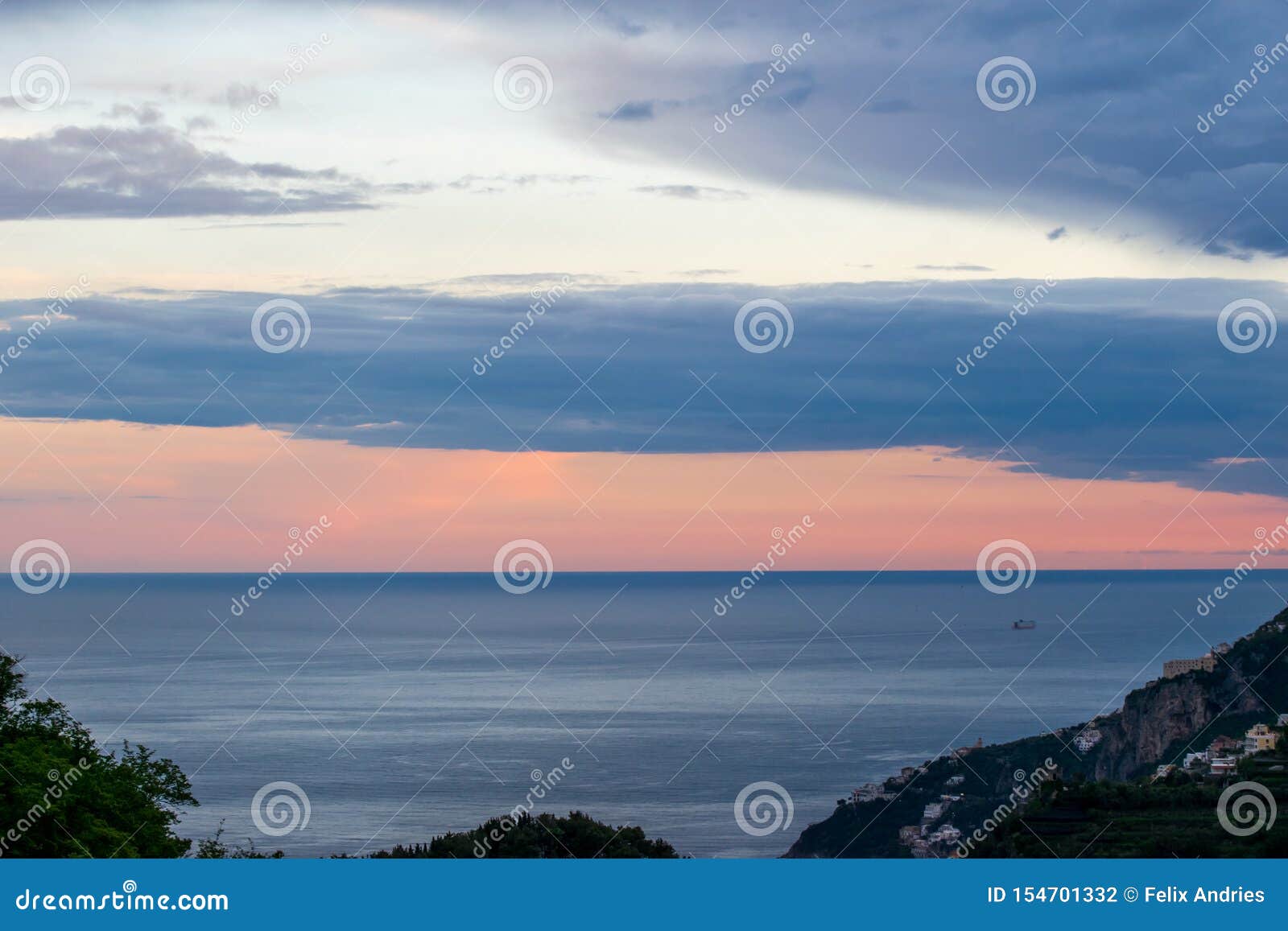 sunset over the tyrranean sea, viewed from the terrace of infinity or terrazza dell`infinito, villa cimbrone, ravello village, ama