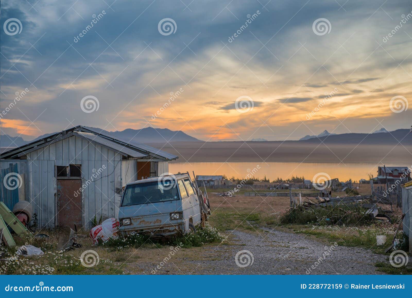 sunset over the ultima esperanza fjord, puerto natales, chile