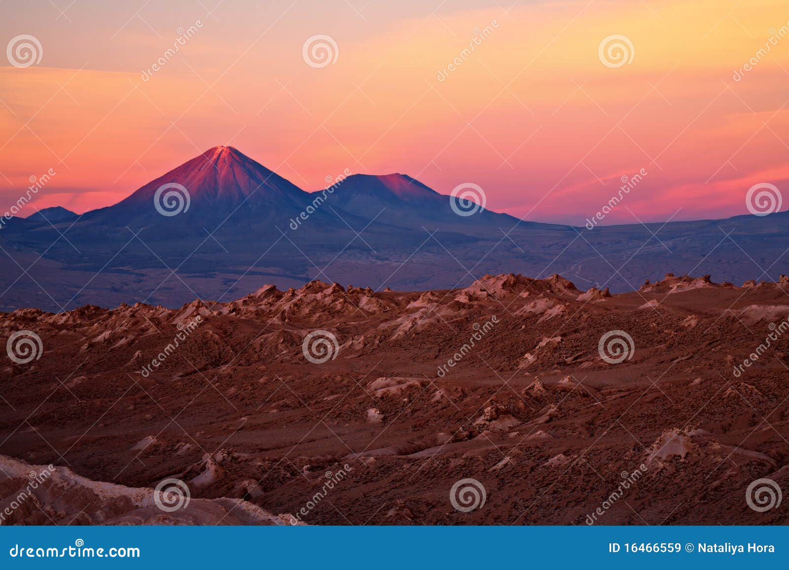 sunset over volcanoes and valle de la luna, chile