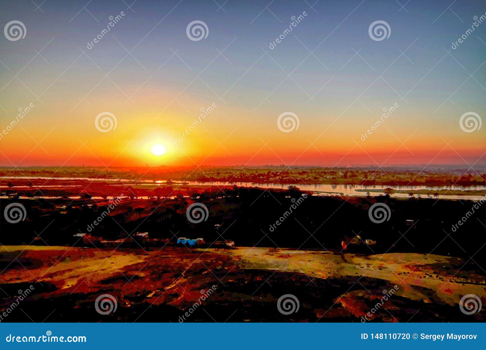 sunset panorama view to nile river from beni hasan archaeological site at minya , egypt