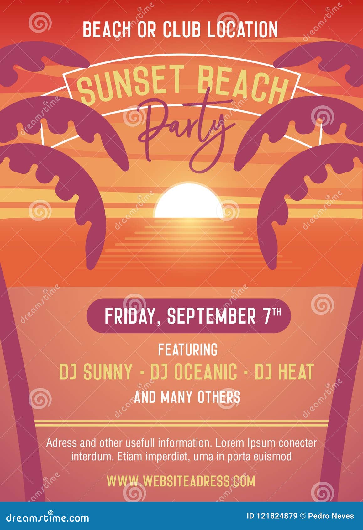 Sunset Party Template for Beach Event. Vector Illustration Design