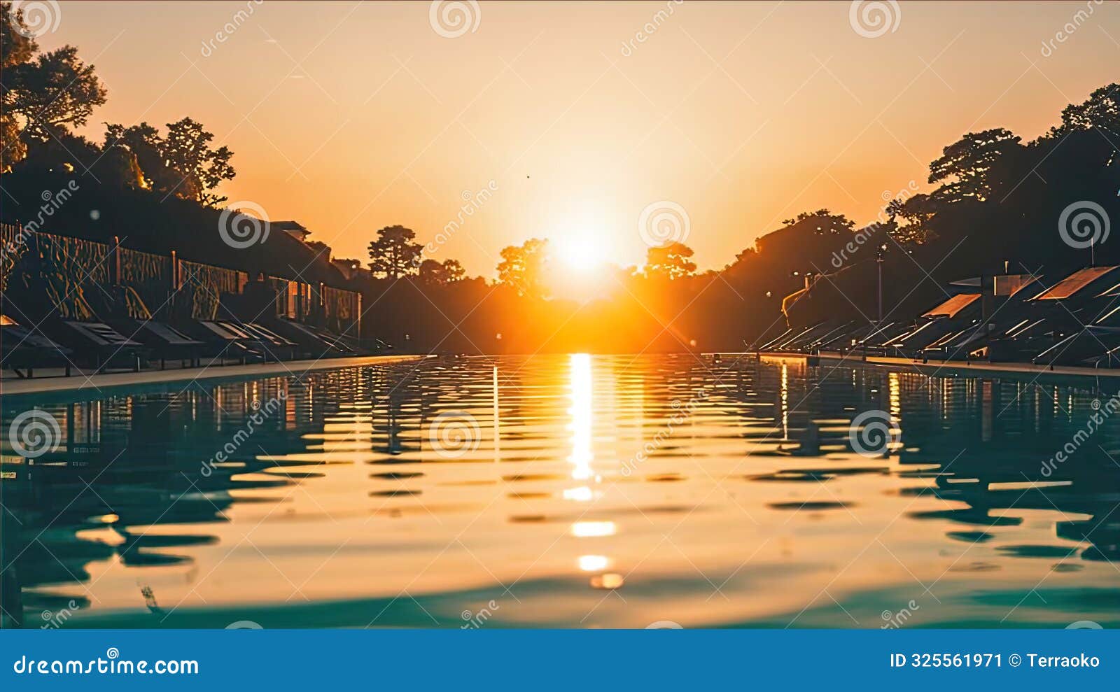 sunset by the pool, a magical moment of sunset reflected in a crystal clear pool.