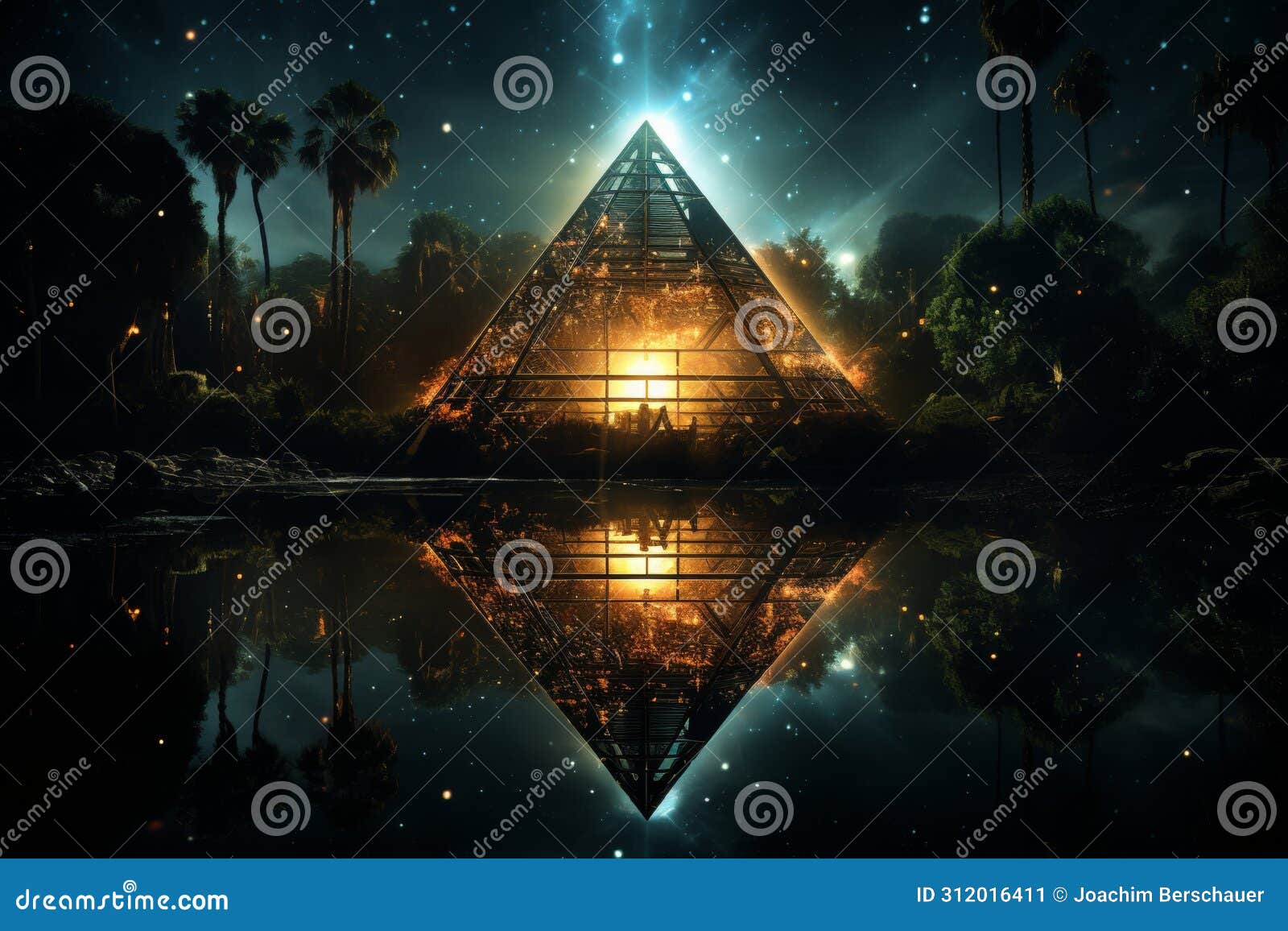 sunset pyramids in synthpunk style with hyperrealistic water s and junglecore themes