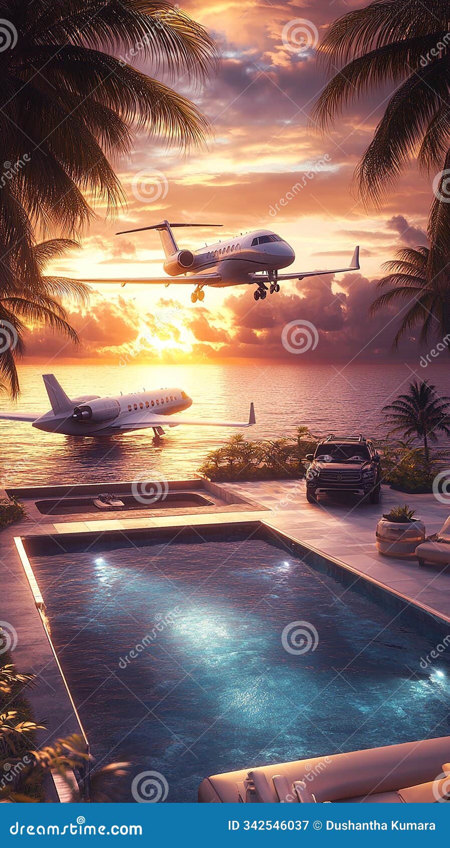 sunset rooftop pool beside a luxury villa