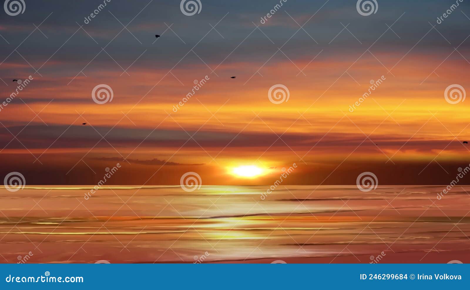 sunset at sea dramatic clouds  on sky pink orange yellow blue reflection on sea water  natire landscape