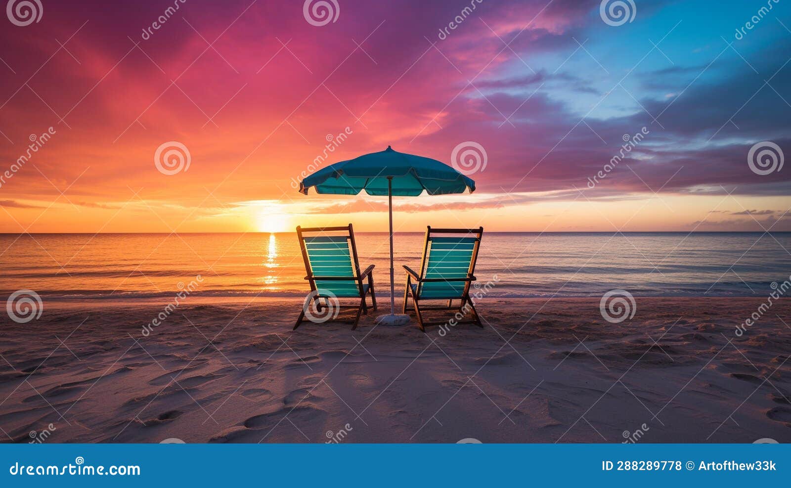 sunset serenity: sparkling turquoise beach with silhouette chairs and palm trees