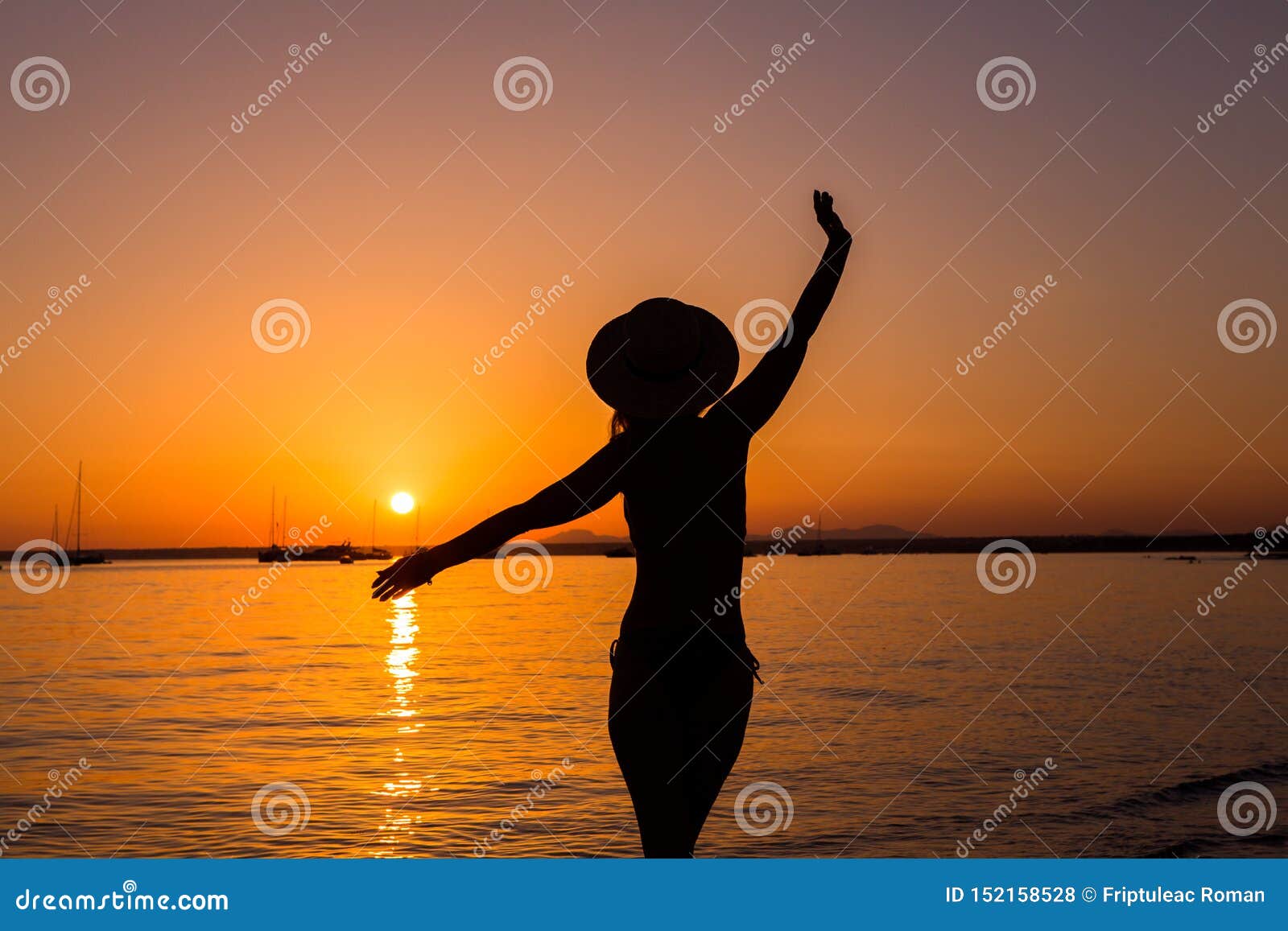 Sunset Woman Silhouette Carefree Woman Enjoying The Sunset On The