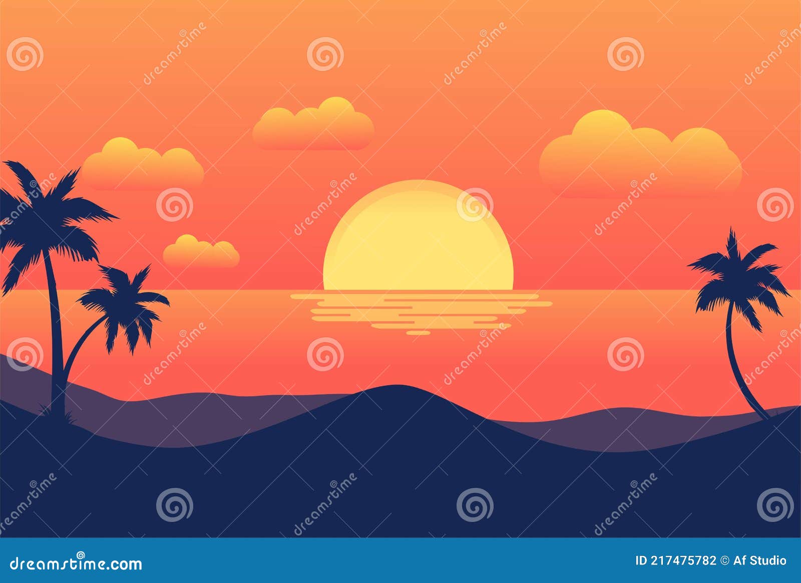 Sunset Tropical Beach with Palm Trees and Sea for Summer Resort