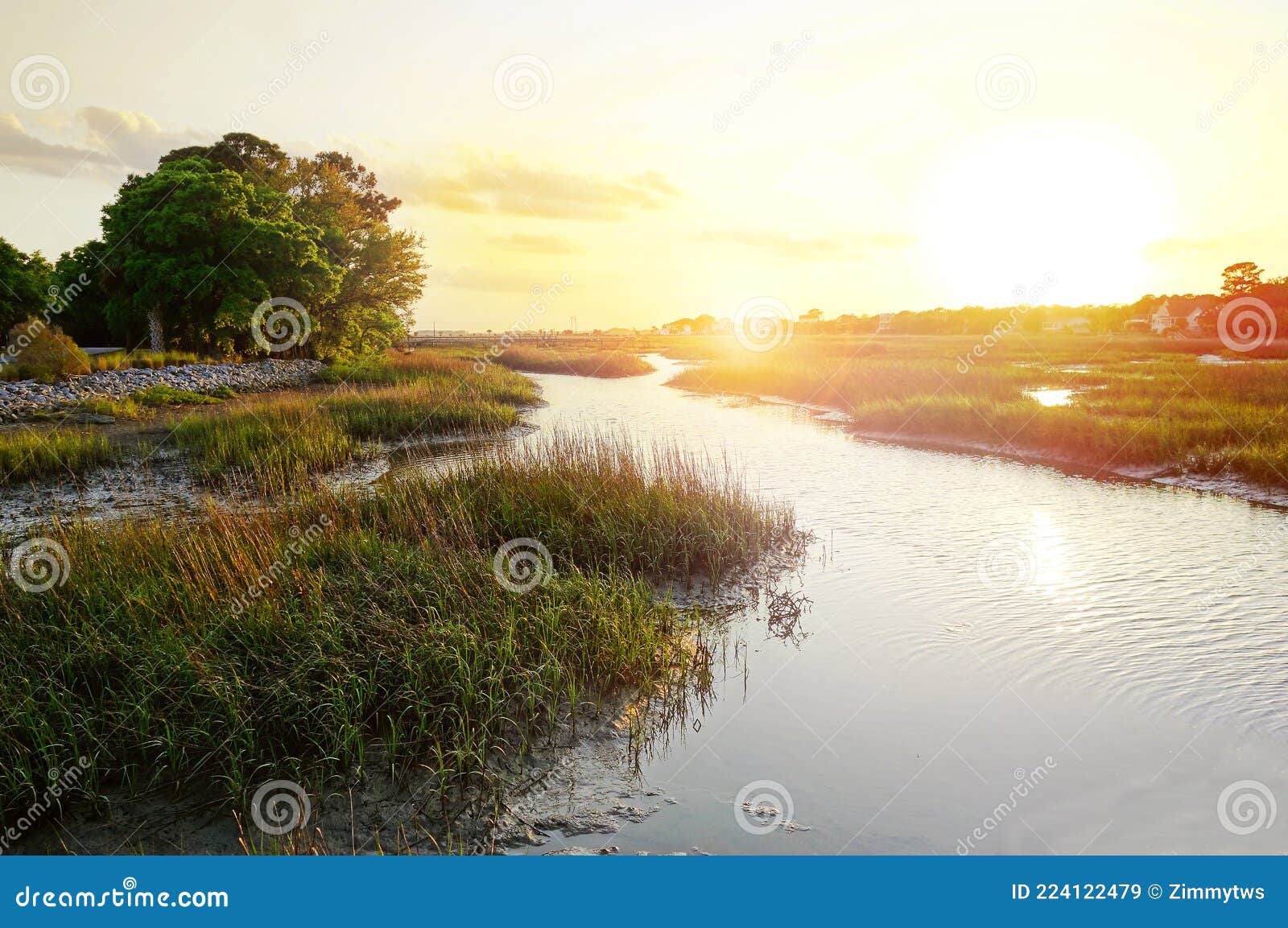 sunset view along the marsh in the low country near charleston sc